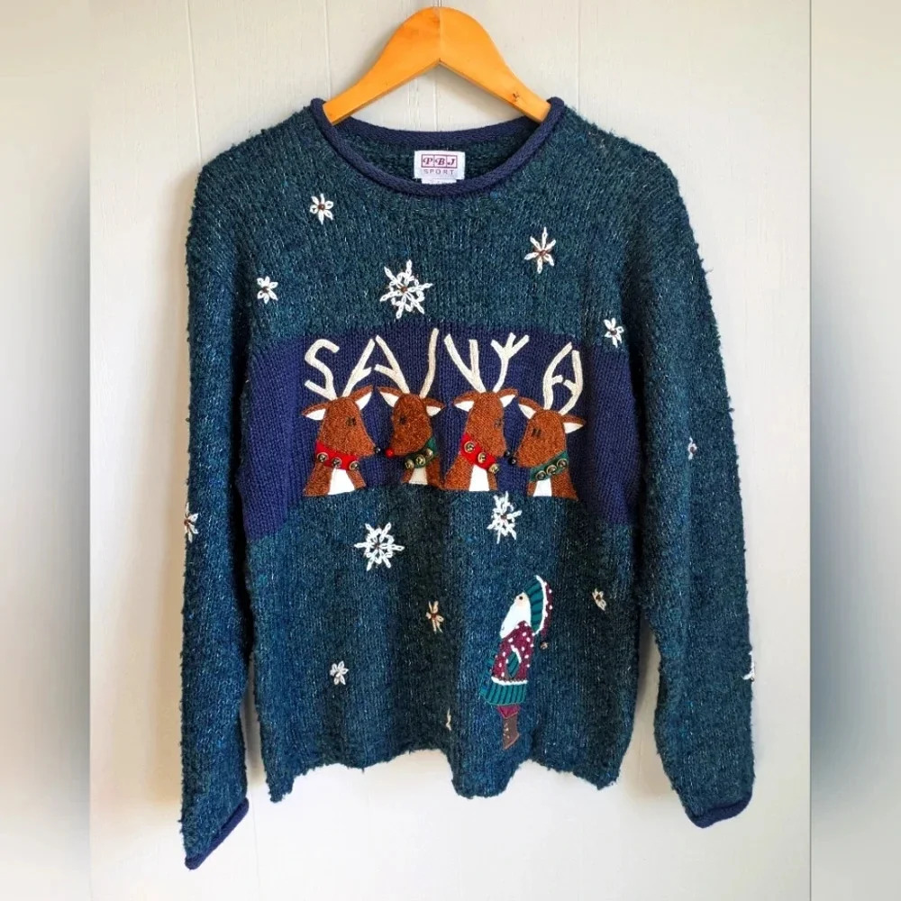 PBJ Santa Sweater in Blue Green size‎ Medium Holiday Christmas Snow Winter